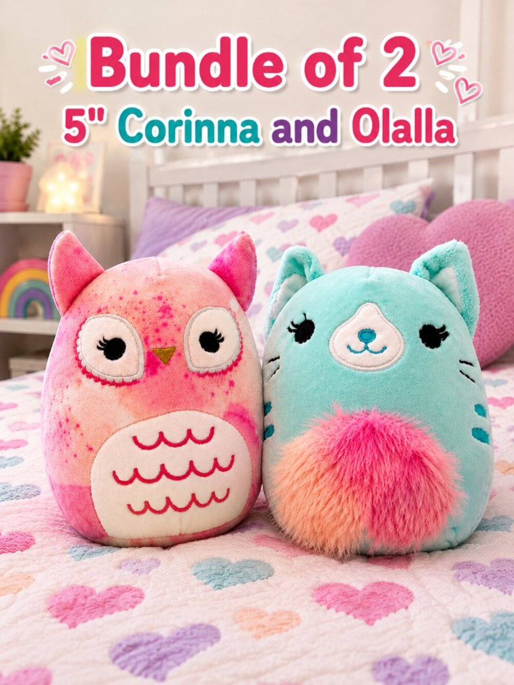 Kellytoy Squishmallows 5" Plush Lot of 2:| Olalla Owl & Corinna Cat Collectible